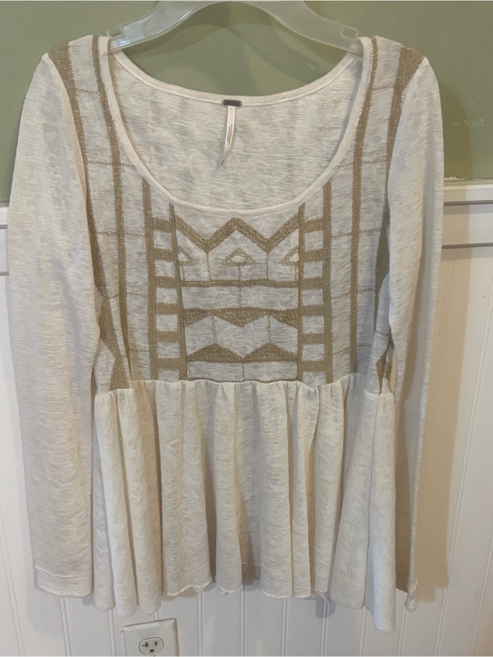 Free People Cream and Tan Embroidered Peplum Tunic